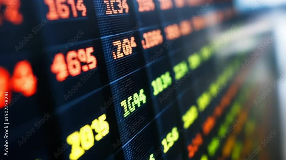 Stock market display showing fluctuating prices and trends Stock market display showing fluctuating prices and trends