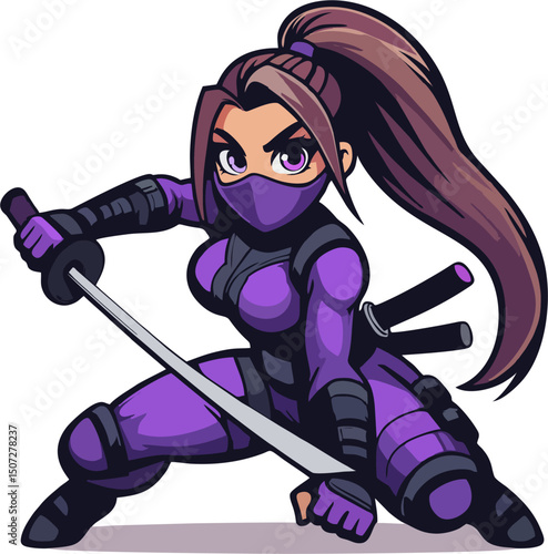 Fierce Female Ninja in Combat Pose with Katana – Purple Suit Anime Style Character Illustration