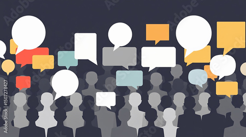 Social Media Communication Network with Diverse People Silhouettes and Speech Bubbles for community engagement, public relations and marketing materials.