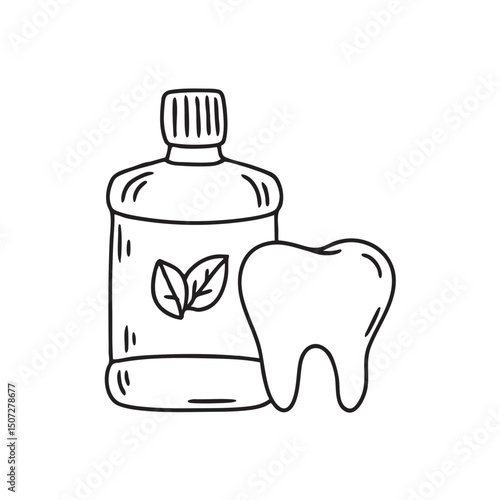 A tooth beside bottle of mouthwash labelled mint leaf