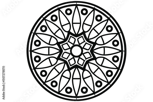 Simple Geometric Mandala Design: Black and White Circular Pattern With Lotus-Like Motifs and Concentric Rings, Isolated on White Background.          