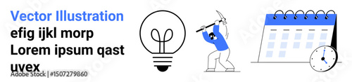 Lightbulb symbolizing ideas, person mining work symbol, calendar for scheduling, clock representing time management. Ideal for productivity, brainstorming, deadlines, teamwork, efficiency