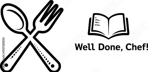 Crossed spoon and fork with cookbook well done chef