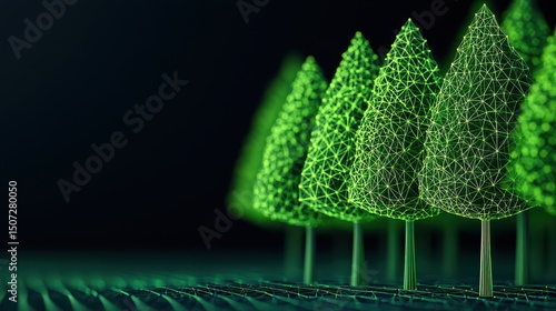Digital wireframe trees glowing green, blending nature and technology in a futuristic forest setting.