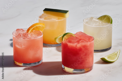 collection of refreshing summer cocktails featuring watermelon mandarin lemon and lime colors