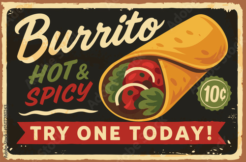 Spicy burrito retro restaurant sign with vintage style illustration – Mexican food vector graphic for taqueria or diner wall art