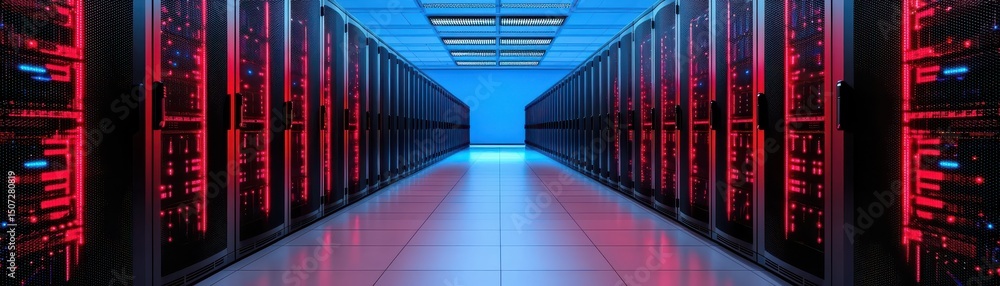 Fototapeta premium A modern data center corridor lined with illuminated server racks and a reflective floor.