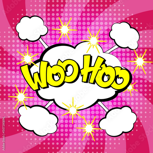 Comic lettering woo hoo. Vector bright cartoon illustration in retro pop art style. Comic text sound effects. EPS 10.
