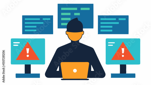 Code Review A programmer examining lines of code on two monitors with highlighted sections and warning symbols indicating their role in identifying vulnerabilities in software.