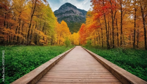 wooden path in autumn forest