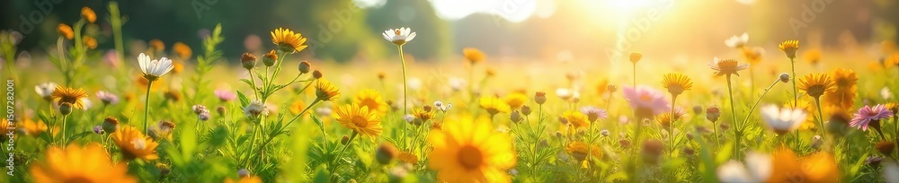 Obraz premium A vibrant sunlit meadow overflowing with wildflowers, a carefree feeling of boundless energy and summer bliss , wild, stem, energy
