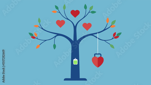 Longevity Tree A stylized tree with leaves shaped like hearts and a wearable device hanging from a branch symbolizing growth and health.