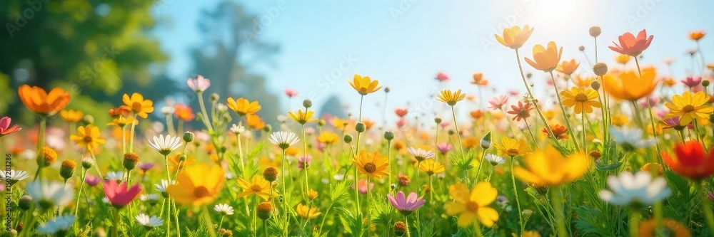 A vibrant, sun-drenched field of wildflowers swaying gently in the breeze, embodying carefree joy and the boundless energy of spring , green, outdoor A vibrant, sun-drenched field of wildflowers swaying gently in the breeze, embodying carefree joy and the boundless energy of spring , green, outdoor