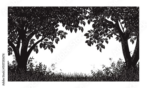 Chestnut Tree Silhouettes, Dewy Park Morning Forest Scene, engraved fresh leaf vector, peaceful nature art, urban woodland clipart, vector illustration, tranquil landscape design, botanical vector.