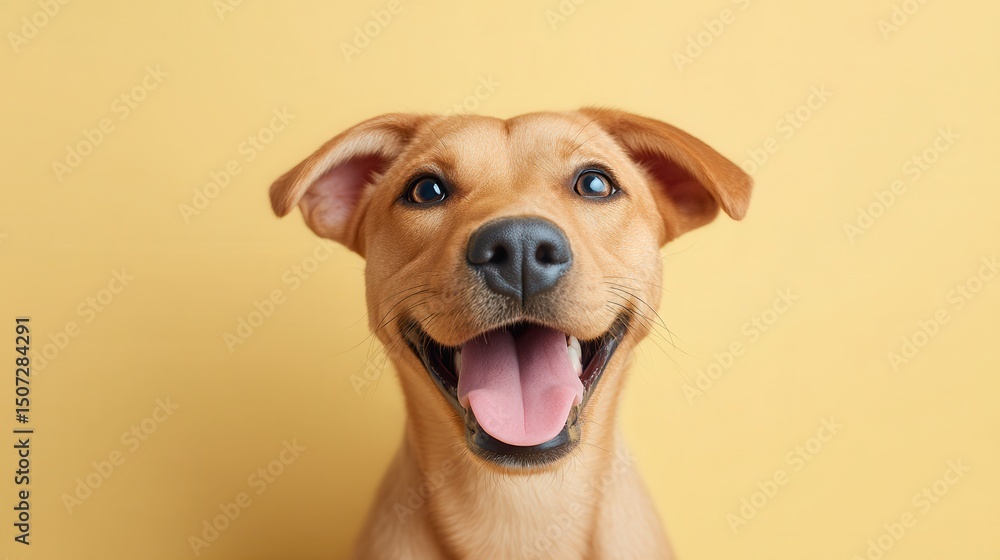 Obraz premium A cheerful dog with a bright smile poses against a yellow background, showcasing its playful personality and joyful spirit. Perfect for pet lovers and animal-themed projects.