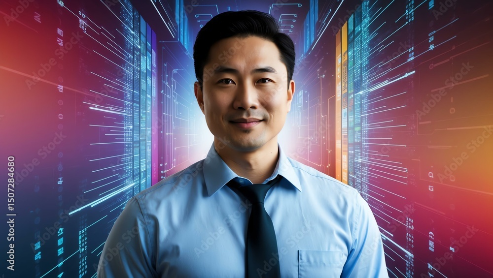 Fototapeta premium Asian man centered on colorful themed cyber space security data background, looking proudly