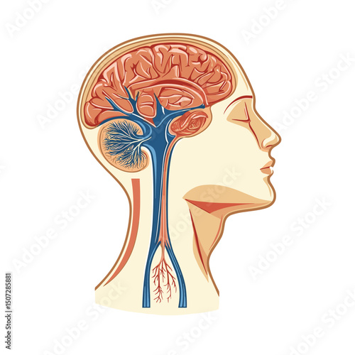 Detailed Illustration of a Human Head with Brain Anatomy Vascular System on White Background