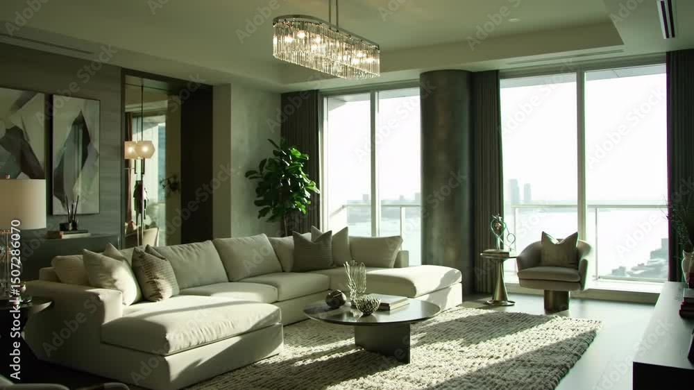 Spacious modern living room with city views high quality interior design image for editorial and commercial use Spacious modern living room with city views high quality interior design image for editorial and commercial use