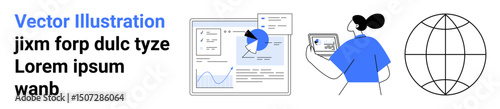 Analytics interface, chart data screen, businesswoman using analytics, global network globe. Ideal for business, analytics, global connection, web development, team workflow technology simple