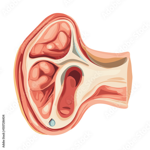 Detailed Illustration of Human Ear Anatomy Featuring Internal Structure and Cross Section of Auditory Organ on White Background