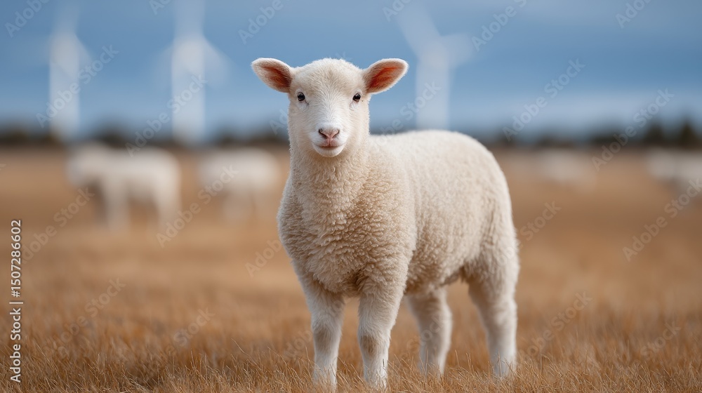 Obraz premium A curious lamb stands in a vibrant field, surrounded by gentle grass and distant wind turbines, symbolizing nature's harmony with renewable energy and pastoral beauty.