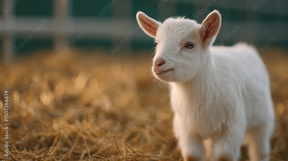 Fototapeta premium A cute, small white goat stands in a bed of hay, showcasing its charming features. The sunlight gently illuminates its soft fur, creating an inviting farm atmosphere.