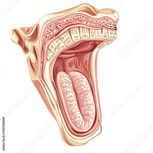 Detailed Illustration of Human Mouth Anatomy with Tongue and Teeth in Cross Section Medical Visualization Showing Oral Cavity