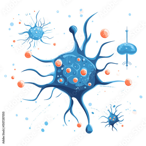 Detailed Illustration of Microscopic Cells in Shades of Blue Orange and White Scientific Study of Disease and Infection