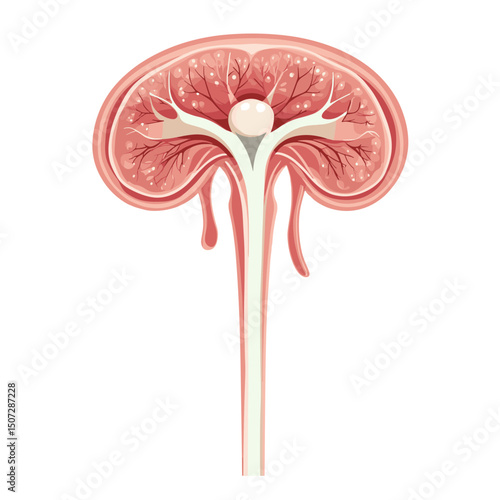 Detailed Kidney Anatomy Cross Section Illustration with Ureter and Internal Structures in Pastel Red and White Tones for Medical Purposes