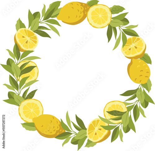 Vector citrus fruit wreath with fresh lemons, lemon tree leaves and branch, half lemon. Perfect for product design, web, menu, cards etc. Floral Jewish Sukkot Holiday round frame