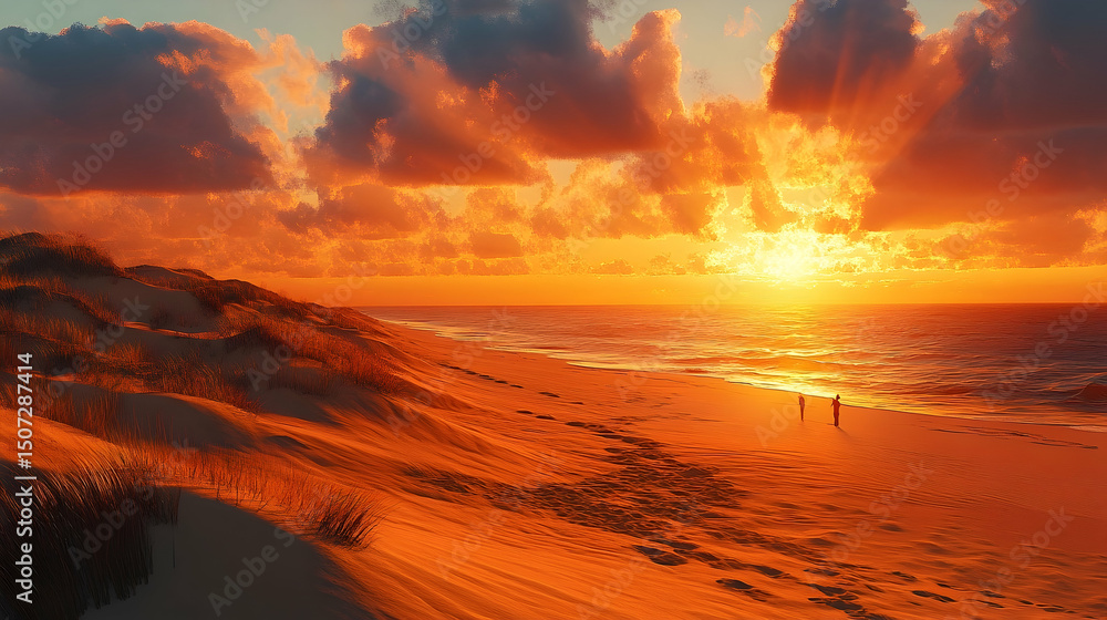 Dramatic sunset over a beach with dunes. Dramatic sunset over a beach with dunes.