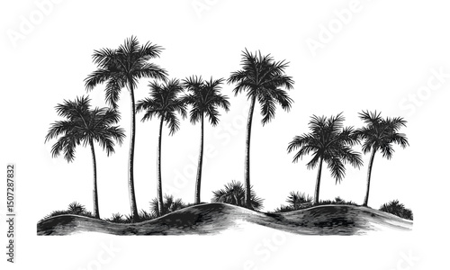 Palm Tree Silhouettes Dune Edge, tropical engraved trees, curved canopy vector illustration, desert oasis landscape, hot climate, sandy terrain, sunset silhouette, exotic nature scenery.