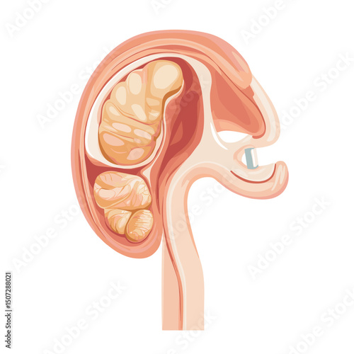 Detailed Medical Illustration of a Human Fetus in the Uterus on a White Background Showing Fetal Development and Anatomy