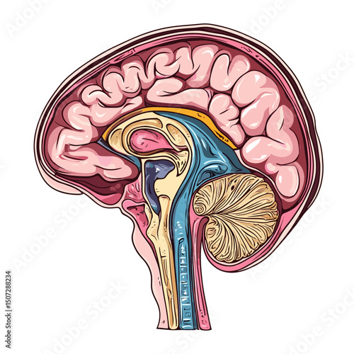 Detailed Medical Illustration of Human Brain Anatomy in Sagittal Section Showing Cerebral Structure and Nervous System for Educational Purposes