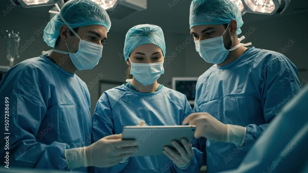 Dedicated surgical team reviewing digital tablet intense focus crucial medical decisions collaboration healthcare professionals Dedicated surgical team reviewing digital tablet intense focus crucial medical decisions collaboration healthcare professionals