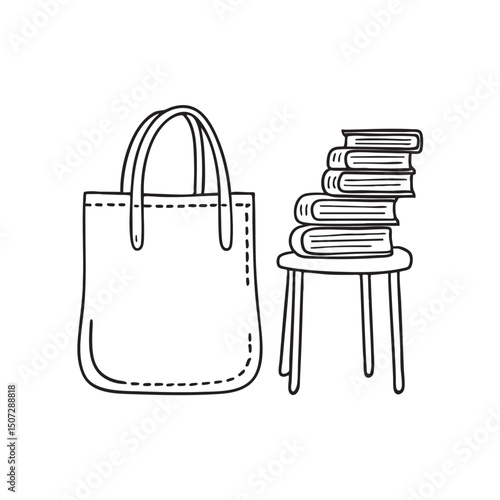 A tote bag leaning near a chair with books sticking out