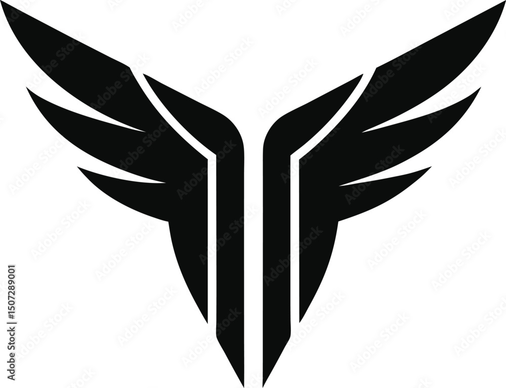 Fototapeta premium Symmetrical wing icon with stylized thick lines, central vertical gap silhouette vector.