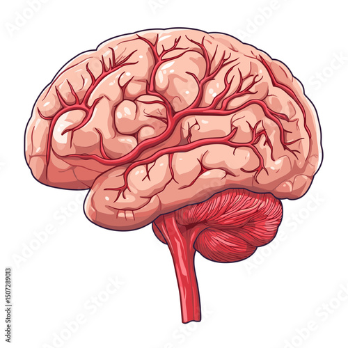 Detailed Pixel Art Illustration of a Human Brain Anatomy with Red Veins and Arteries on White Background