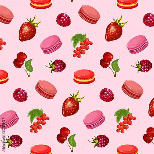 Macaroons with red berries.Vector seamless pattern with macaroons and red berries on a pink background.