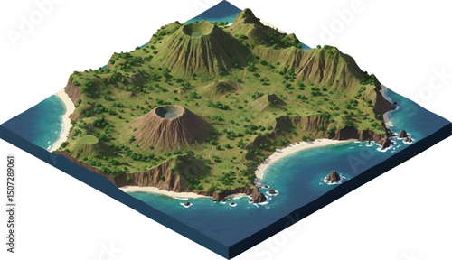 Volcanic Island A 3D Isometric Illustration of Lush Tropical Landscape