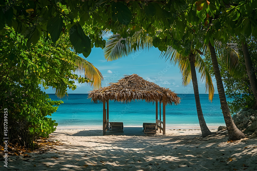 Fototapeta premium Tropical beach hut on a tranquil shoreline.