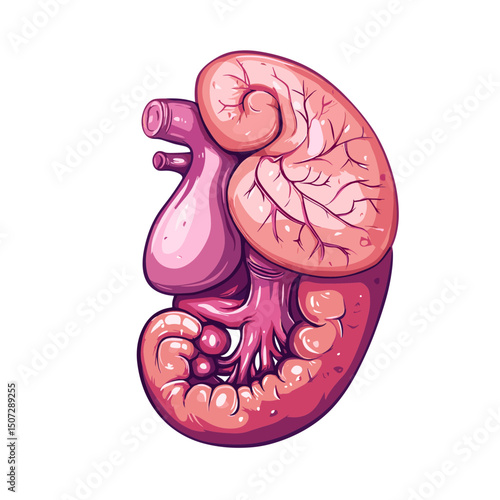 Detailed Pixel Art Illustration of Human Kidney Anatomy Featuring Pink and Red Hues on White Background