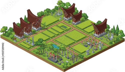 3D Isometric Illustration Traditional Indonesian Village Architecture, Rice Paddies, and Ancient Tombs