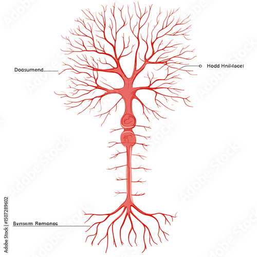 Detailed Red Neuron Illustration Showing Dendrites and Axon on White Background a Key Element in the Nervous System