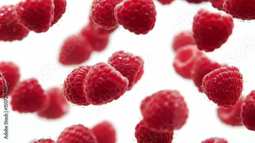 Fresh Raspberries Falling Slow Motion Against White Background Food Stock Video