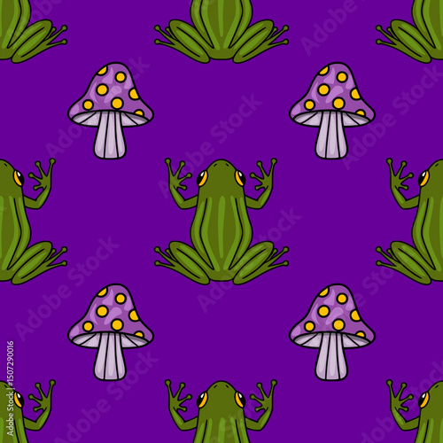 Seamless vector pattern with cartoon frogs and purple mushrooms on a vibrant purple background, featuring a whimsical and playful design ideal for Halloween or autumn themes.