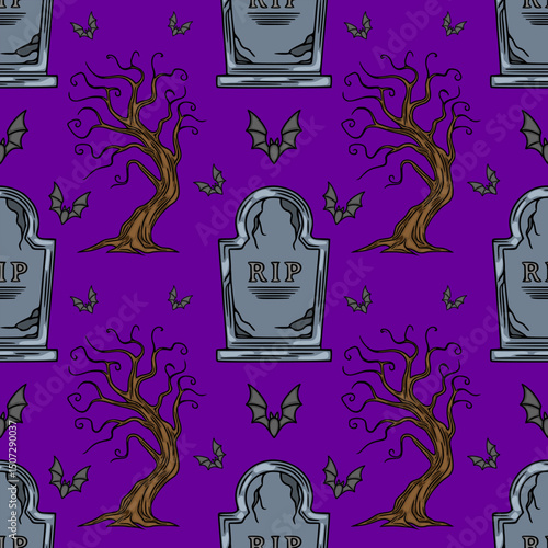 Seamless vector Halloween pattern with spooky gravestones, bare trees, and flying bats on a vibrant purple background, perfect for autumnal designs and spooky celebrations.