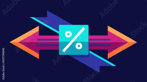 Double Arrow with Neon Glow Two parallel arrows converging towards a large discount sign framed by neon lights that flicker brightly and cast a soft glow.