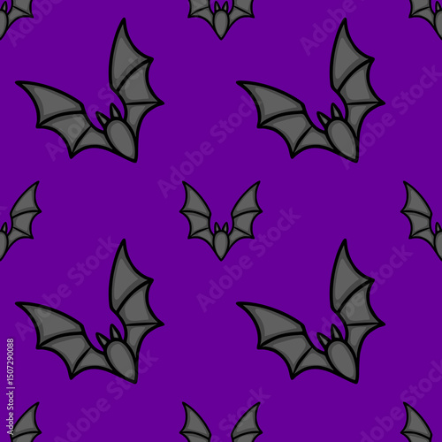 Seamless vector pattern of stylized bats on a vibrant purple background, featuring a mix of large and small bat illustrations for a Halloween design.