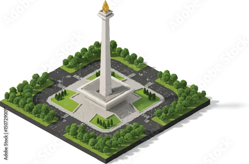 3D Isometric Model Monument National, Jakarta - Architectural Icon in Low-Poly Style
